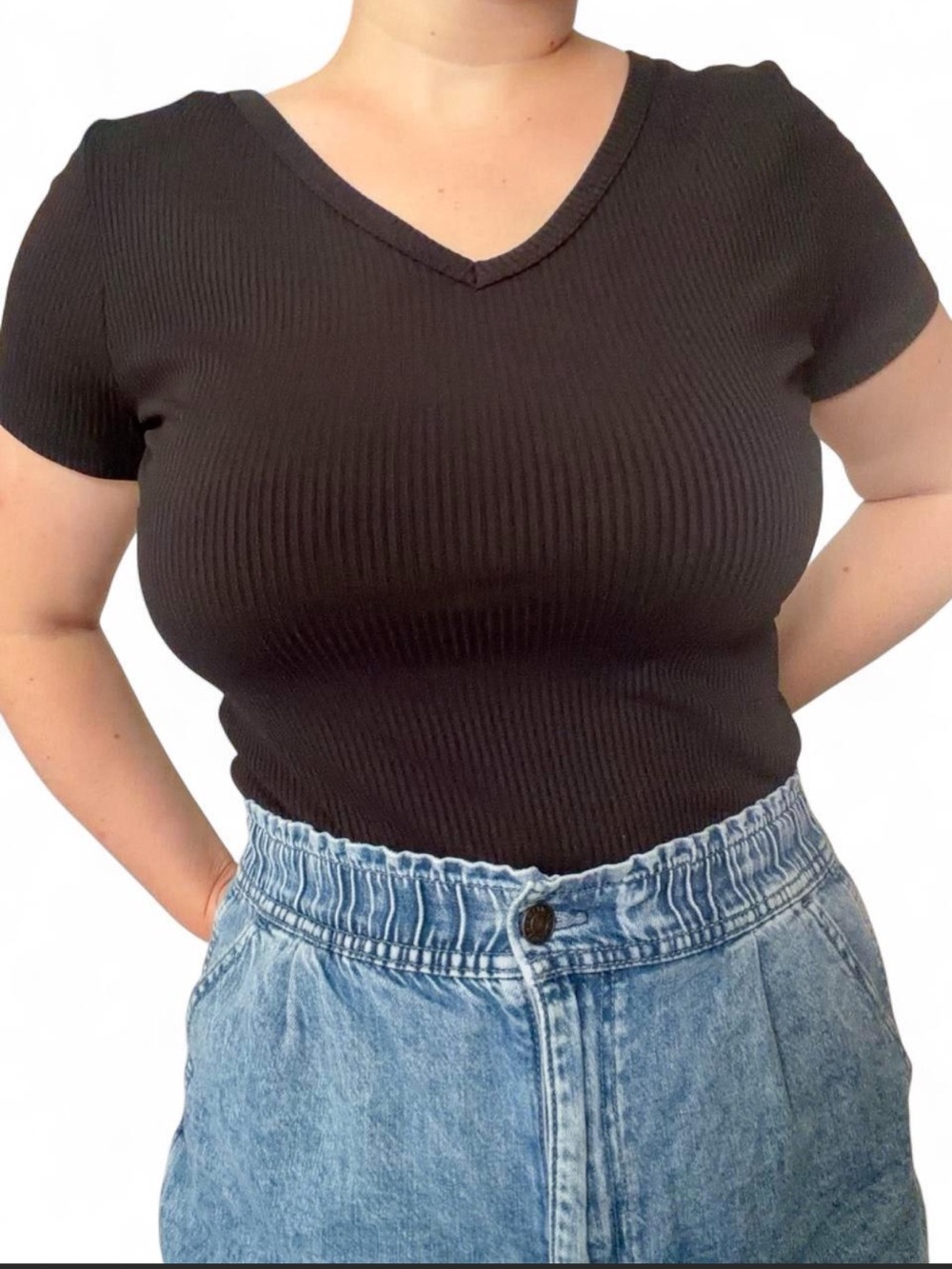Reversible V-Neck/Scoop Neck Ribbed Tee - Black